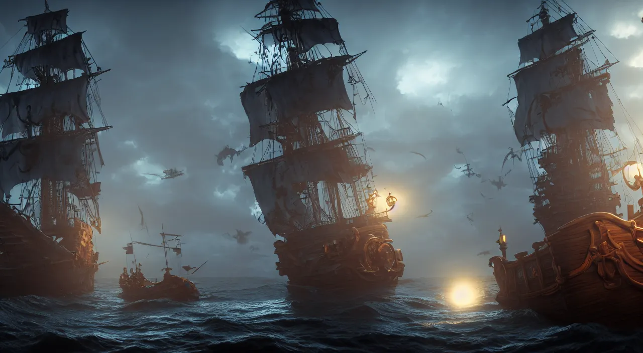 Image similar to ghost pirate ship with a pirate on the foreground, highly detailed, photorealistic portrait, bright studio setting, studio lighting, crisp quality and light reflections, unreal engine 5 quality render