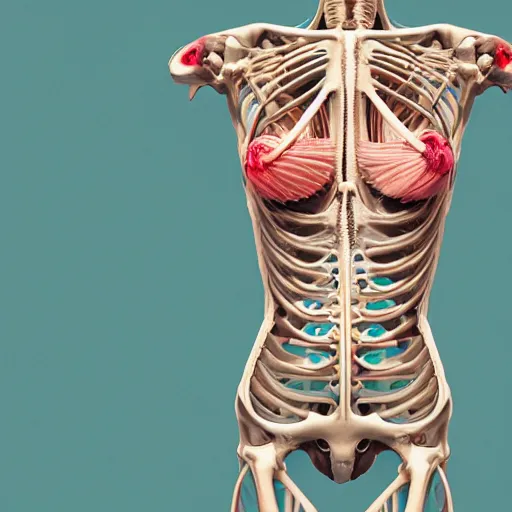 Prompt: Portrait of the reproductive organs and low belly of a woman with many details wrapped in bones, full lenght view. white plastic, skull, muscles, !!!Vogue magazine!!! halo. octane rendering, cinematic, hyperrealism, octane rendering, 8k, depth of field, bokeh. iridescent accents. vibrant. teal gold and red color scheme, 16k