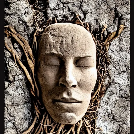 Image similar to a portrait of a man made of roots earth and stone, earthy, nature