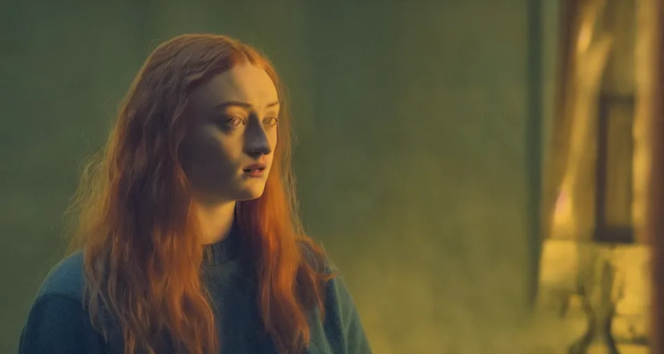Image similar to Sophie Turner in Hereditary (2018) high contrast lighting, night scene, blue and orange palette, film still