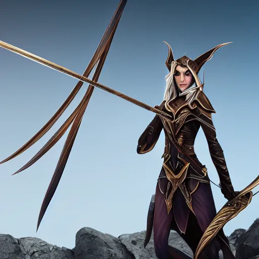 Image similar to a tall and slender female high elf ranger holds a fully drawn longbow towards the sky. fantasy, 4k, crisp lighting