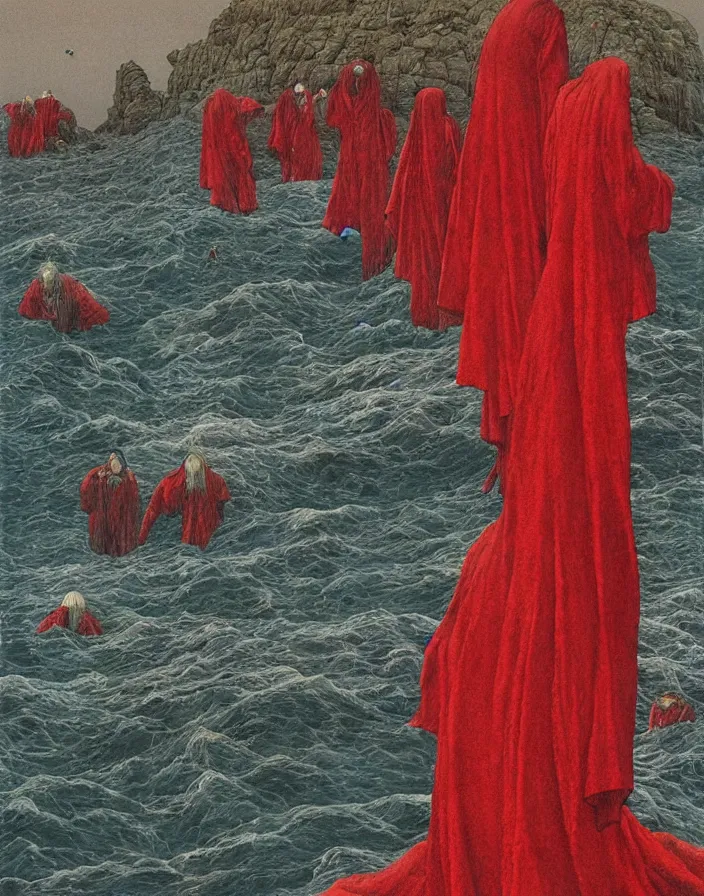 Prompt: worshippers in red robes belonging to the cult of the lighthouse on the rocky shore right in front of the lighthouse, high detailed beksinski painting, part by adrian ghenie and gerhard richter. art by takato yamamoto. masterpiece, deep colours, blue