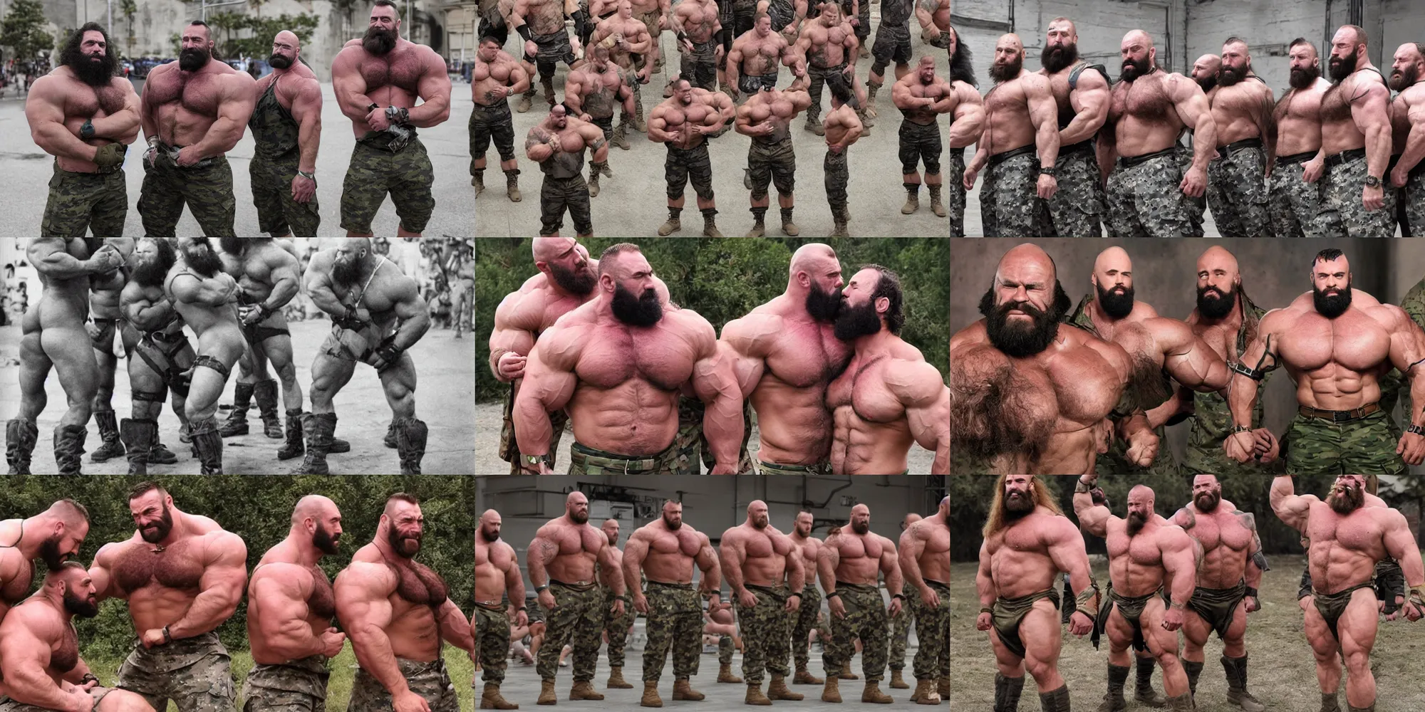 Prompt: massive muscular hairy burly barbarian strongmen clones in military clothes waiting for orders and kissing each other