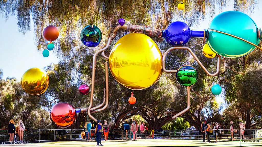 Prompt: large colorful futuristic space age metallic steampunk balloons with pipework and electrical wiring around the outside, and people on rope swings underneath, flying high over the beautiful river torrens and elder park in adelaide in south australia city landscape, professional photography, 8 0 mm telephoto lens, realistic, detailed, photorealistic, photojournalism