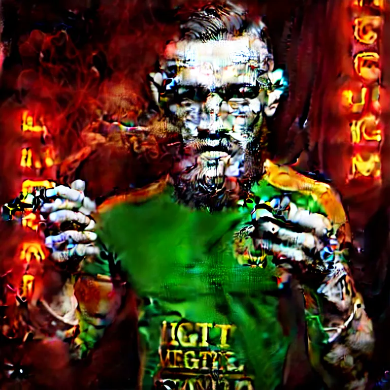 Image similar to a intricately detailed portrait of conor mcgregor smoking a lit cigar in an irish pub with a neon bar, smoke rising like clouds, balanced, trending on art station, volumetric lighting & shadows, hyper detailed, digital art, unreal engine, 4 0 0 mm f 1. 8,