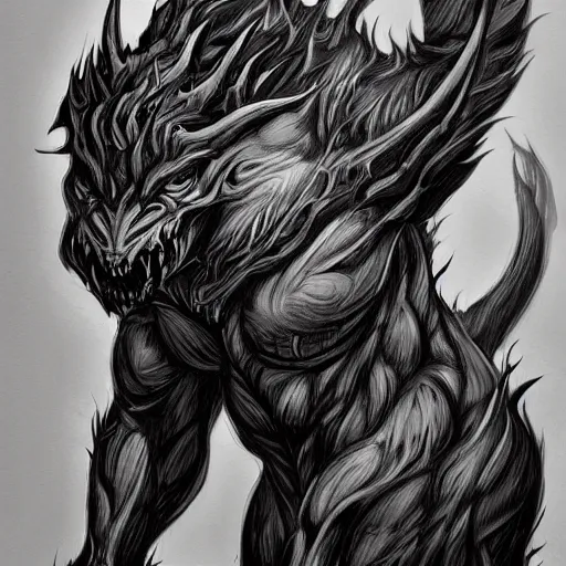 Image similar to full body grayscale drawing by Anato Finnstark of muscled horned humanoid beast, swirling flames