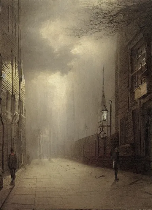 Image similar to 1 9 th century london, shady alleys, pub, thick fog, coherent composition, art by caspar david friedrich, thomas lawrence, john martin