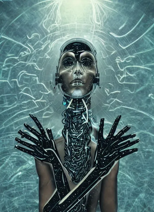 Prompt: a spiritually awakened humanoid cyborg wants to help humans free themselves from the chains of mental slavery and authoritarian politicians, surreal technological conceptual art magical cybernetic realism horror visions distopic and utopic art and the same time