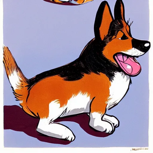 Prompt: gerald scarfe cartoon featuring a corgi puppy