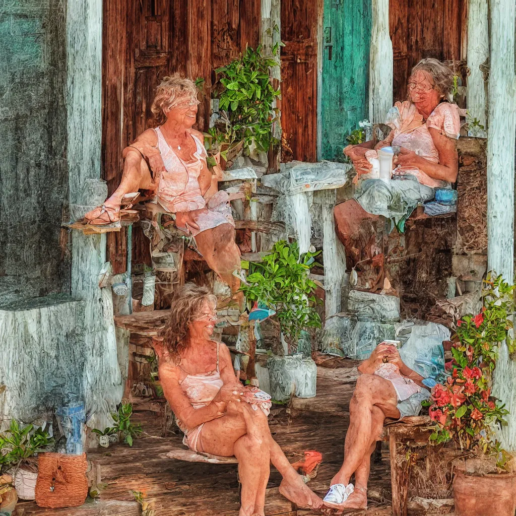 Prompt: a beautiful woman with freckles sitting on the porch, caribbean, digital art