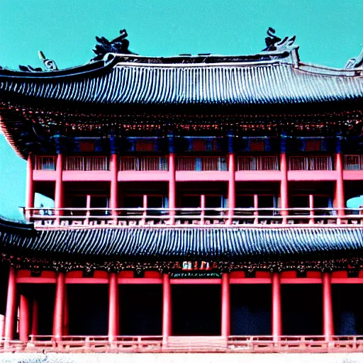 Prompt: a Kaiju Pulgasari overshadowing a Korean palace, Kodachrome 35mm cinemascope, Kim Jong-il production