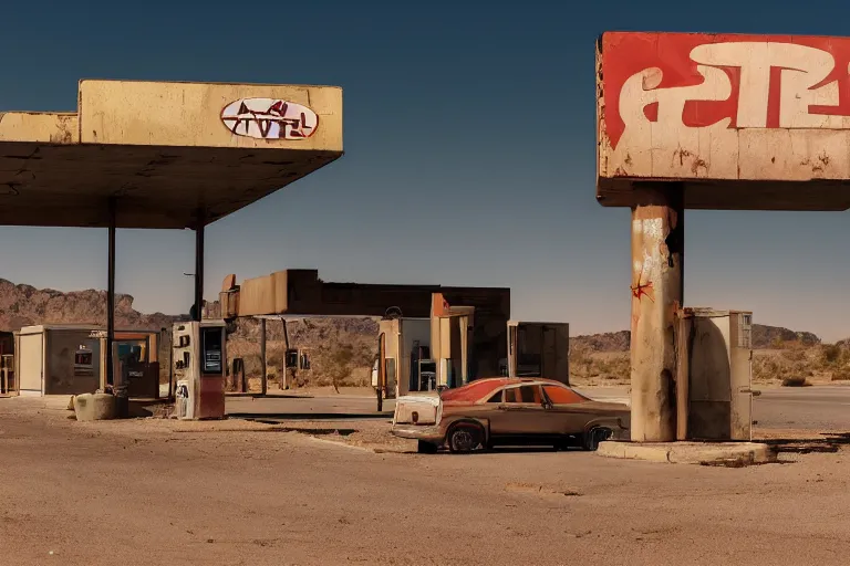 Image similar to an abandoned gas station in the desert, huge rusty sign in the foreground and a planet like Saturn with dust rings in the background, sunny day, wind and dust, low angle, 4k, ultra details, cinematic, epic style, beautiful photo, hyper realistic, octane render, unreal engine, award winning, on artstation, volumetric lightning, masterpiece, golden hour,