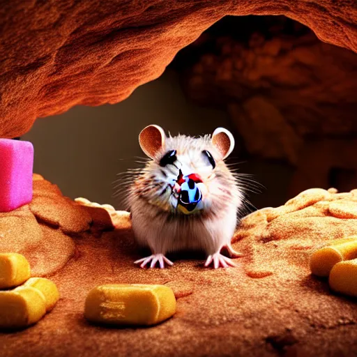 Prompt: a candybar evolving into a hamster in a cave. super realistic and insanely detailed, post processed 4 k, unreal engine. cinematic lighting, octane render