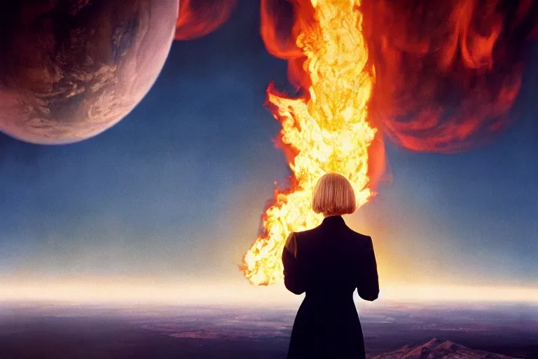 Image similar to a moody photograph of a confident caucasian woman in her 6 0's with short blonde hair wearing a tailored yellow suit standing against a backdrop of the planet earth engulfed in flames. photograph by annie leibowitz, cinematic lighting, sci fi, futuristic