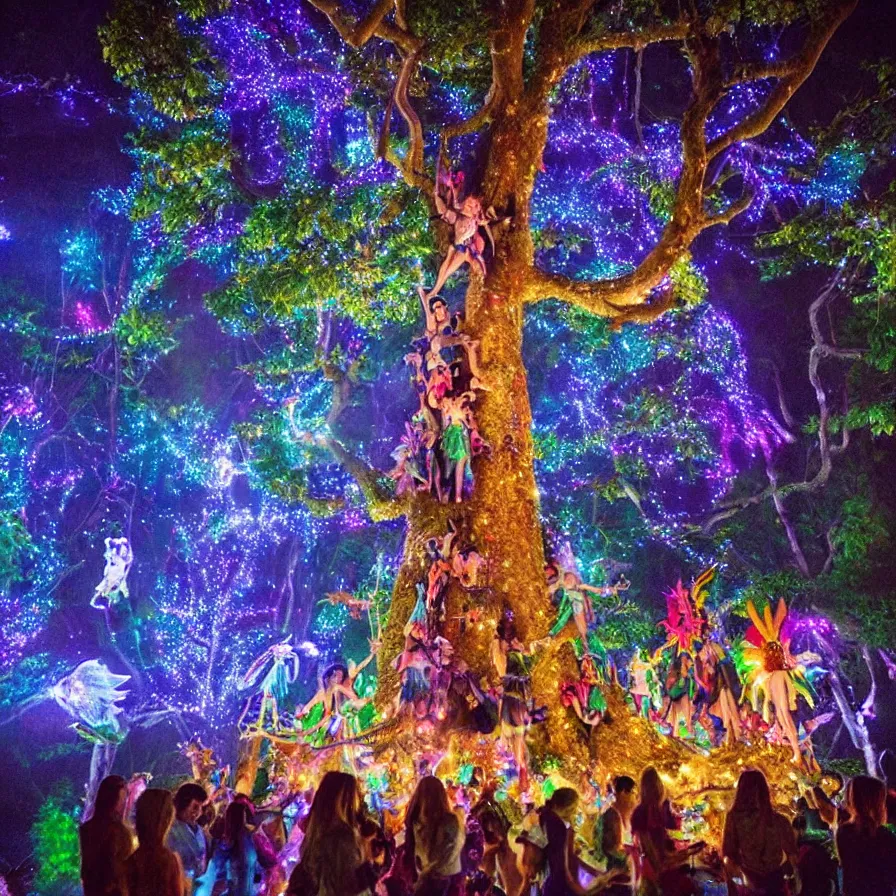 Image similar to a night carnival fairies around a magical tree next to a lake with iridiscent water, christmas lights, volumetric lightning, creatures and fantastic people disguised as fantastic creatures in a magical forest by summer night, masterpieceunderwater scene, masterpiece painted by slim aarons, scene by night