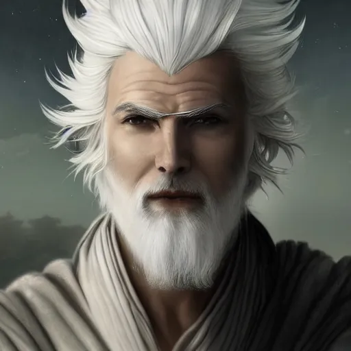 Image similar to white haired robe fu xi full male front body portrait, sit upright on the ground, very long white beard and hair, long hair shawl, fine kindness delicate prefect face features gaze, piercing eye, elegant, style of tom bagshaw, cedric peyravernay, peter mohrbacher, victo nga, 4 k hd illustrative wallpaper, animation style, chinese style