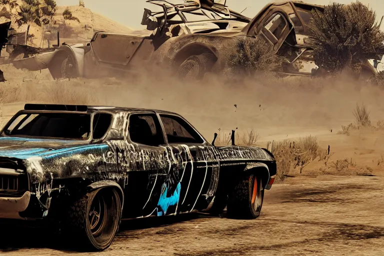 Prompt: 3 5 mm low angle photo mad max combat custom concept black 1 9 7 3 ford falcon gt hot rod on a deserted post apocalyptic road, hood mounted machine guns, gta 5, rocket league, hyper detailed, rocket league, smooth, high contrast, volumetric lighting, octane, george miller, vibrant rich deep color, comic book