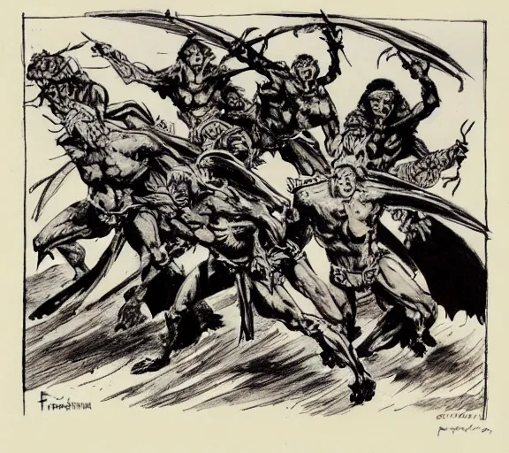 Image similar to four medeival adventurers flee, a group of mantis men, pen and ink, by frank Frazetta