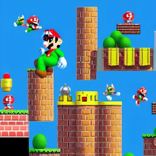 Prompt: super mario bros jumps from tall building