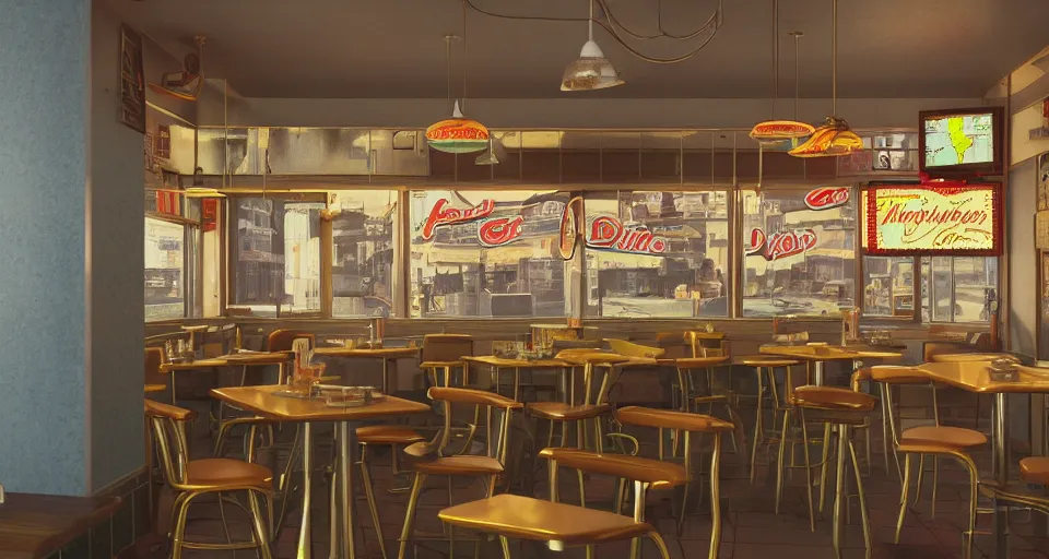 Image similar to closeup profile portrait of a 1 9 5 0 s diner, depth of field, detailed and intricate environment, golden hour, 8 k resolution, hyperrealistic, octane render