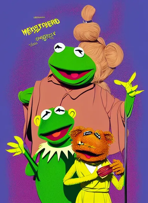 Image similar to poster artwork by Michael Whelan and Tomer Hanuka, The Muppet Show cast portrait photo, Kermit, Fozzie and MIss Piggy, movie scene from Kill Bill, pop art poster, vector art, poster artwork by Michael Whelan and Tomer Hanuka