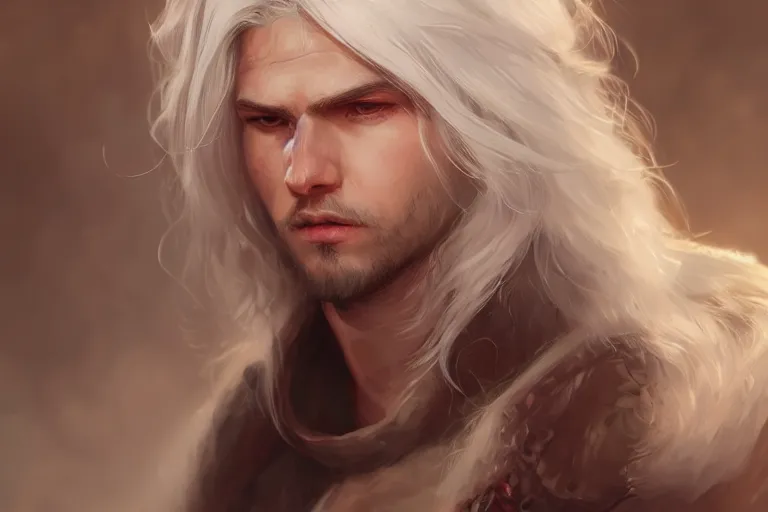 Image similar to young cute beautiful man with long white hair, d & d, fantasy, portrait, highly detailed, headshot, digital painting, trending on artstation, concept art, sharp focus, illustration, art by wlop