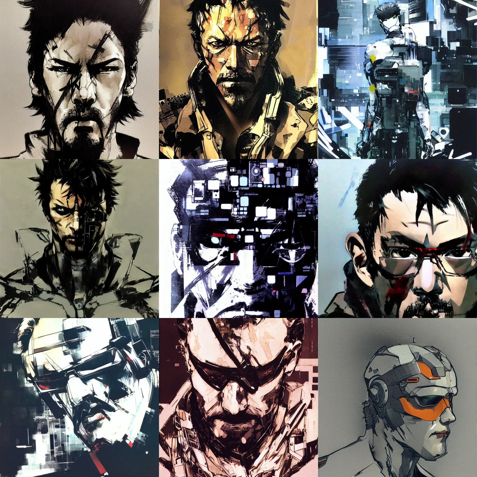 Prompt: a man with a computer head, artwork by yoji shinkawa