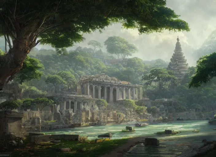 Prompt: Tyrona, Bustling coastal walled ancient city with Roman and Southeast Asian architecture surrounded by lush tropical jungle, anime, lush trees, fountain, a fantasy digital painting by Greg Rutkowski and James Gurney, trending on Artstation, highly detailed