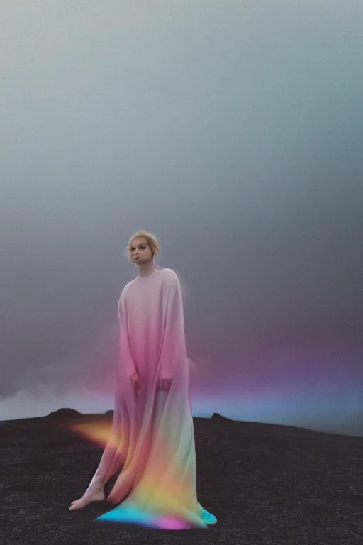 Image similar to high quality pastel coloured film close up wide angle photograph of a model wearing clothing resting on cloud furniture in a icelandic black rock environment in a partially haze filled dreamstate world. three point light, rainbow. photographic production. art directed. pastel colours. volumetric clouds. pastel gradient overlay. waves glitch artefacts. extreme facial clarity. 8 k. filmic.