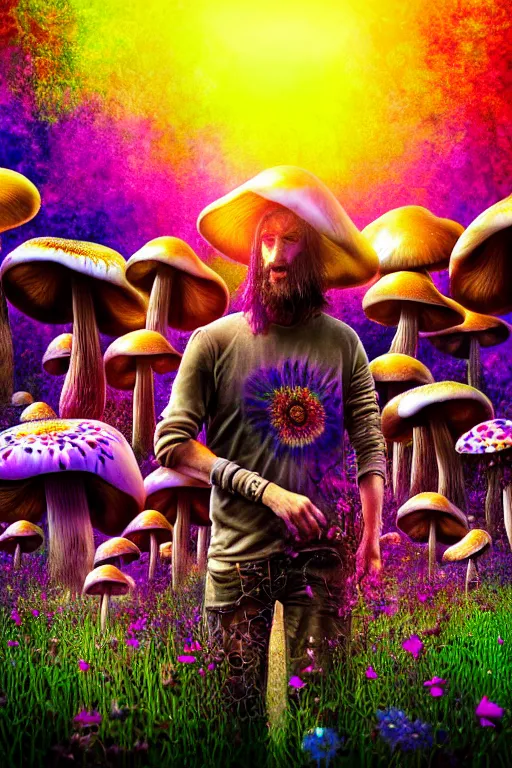Image similar to hyperrealistic portrait of melting hippies - epic cinematic mushrooms with psychedelic field of flowers, highly detailed smooth digital art masterpiece, pablo amaringo dramatic low light, ground angle uhd 8 k, sharp focus