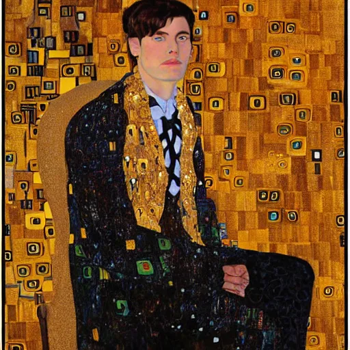 Prompt: a beautiful man in an office chair in the style of gustav klimt golden light