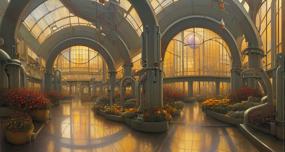 Image similar to a minimalist oil painting by donato giancola and james gurney vaulted ceilings, warm coloured, cinematic scifi luxurious futuristic foggy steam filled garden circular shopping mall interior with microscopy giant windows flowers growing out of pretty bulbous ceramic fountains, gigantic pillars and flowers, maschinen krieger, beeple, star trek, star wars