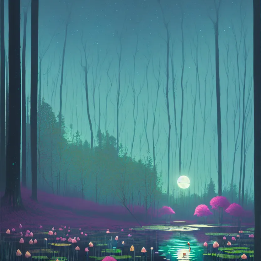 Image similar to ( ( ( gediminas pranckevicius ) ) ), a pond in the forest, moonlight, flower garden summer morning, very coherent and colorful high contrast art by simon stalenhag james gilleard floralpunk screen printing woodblock, dark shadows, pastel color, hard lighting