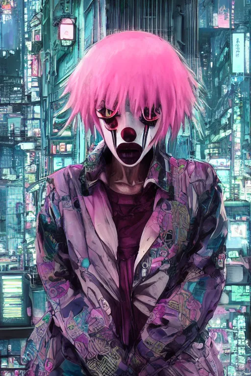 Prompt: by kyoto animation, very creepy clown ghost in the shell girl pink hair jump from a building, tears from the eyes, wearing cyberpunk intricate streetwear, beautiful, detailed portrait, intricate complexity, ilya kuvshinov, cell shaded, 4 k, concept art, by wlop, ilya kuvshinov, greg rutkowski, cinematic lighting
