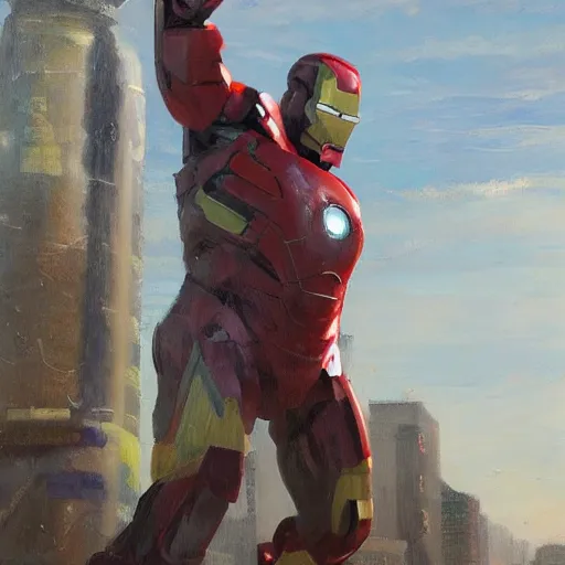 Prompt: Photorealistic oil painting of a scrap built Iron Man suit flying in a Post Apocalyptic world