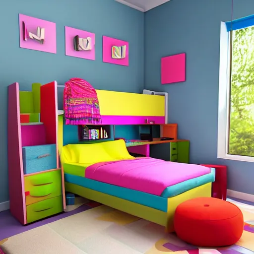 Image similar to award-winning colorful modern boy's room catalog photo. single bed. A single window illuminates the bed and the desk.