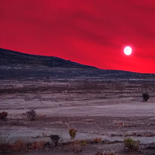 Prompt: photo of apocalypse landscape with full red Moon 8K