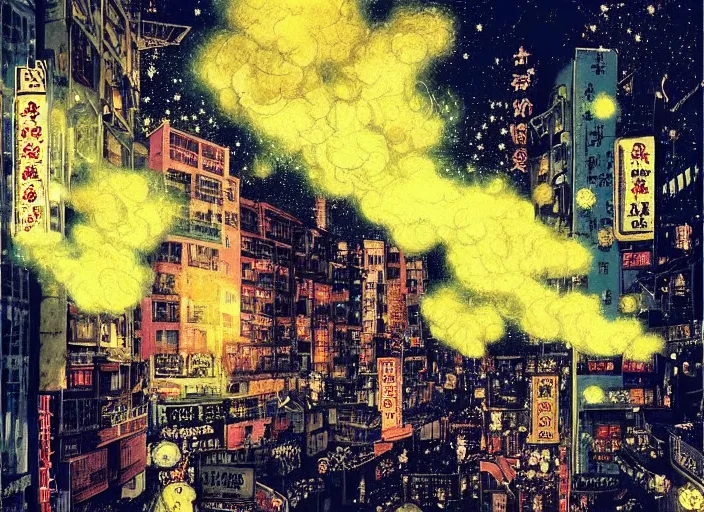 Prompt: anime of 1 9 2 0 s hong kong at night lit by the stars, wispy smoke, highly detailed face, very intricate, symmetrical, cinematic lighting, award - winning, painted by wong kar - wai and mandy jurgens and peter doig, dystopian, bold colors, dark vibes, featured on artstation