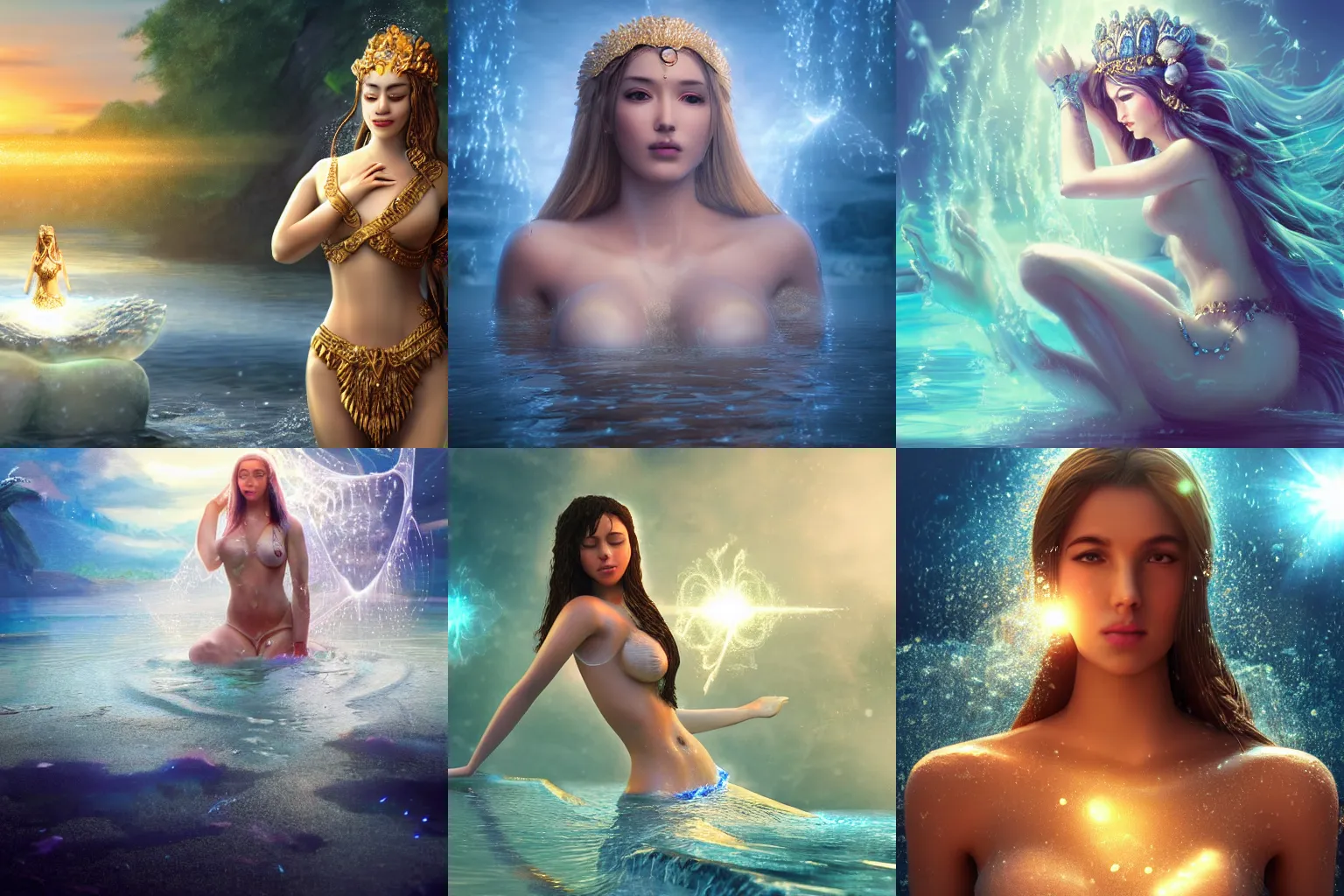 Prompt: a beautiful female goddess of the water character, character is in all its glory, character is in her natural relaxed pose, full body shot, rim lights, particles and dust in the air, fancy clouds, highly detailed professional photo, dynamic lights, particles are flying, depth of field, trending on artstation, professional illustration, hyper realistic, vray caustics, super detailed, colorful accents, cinematic shot