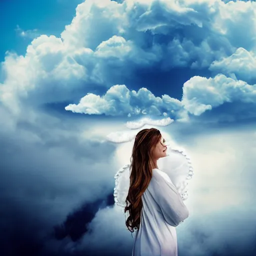 Image similar to goddess wearing a cloud fashion on the clouds, photoshop, colossal, creative, giant, digital art, photo manipulation, clouds, sky view from the airplane window, covered in clouds, girl clouds, on clouds, covered by clouds, a plane