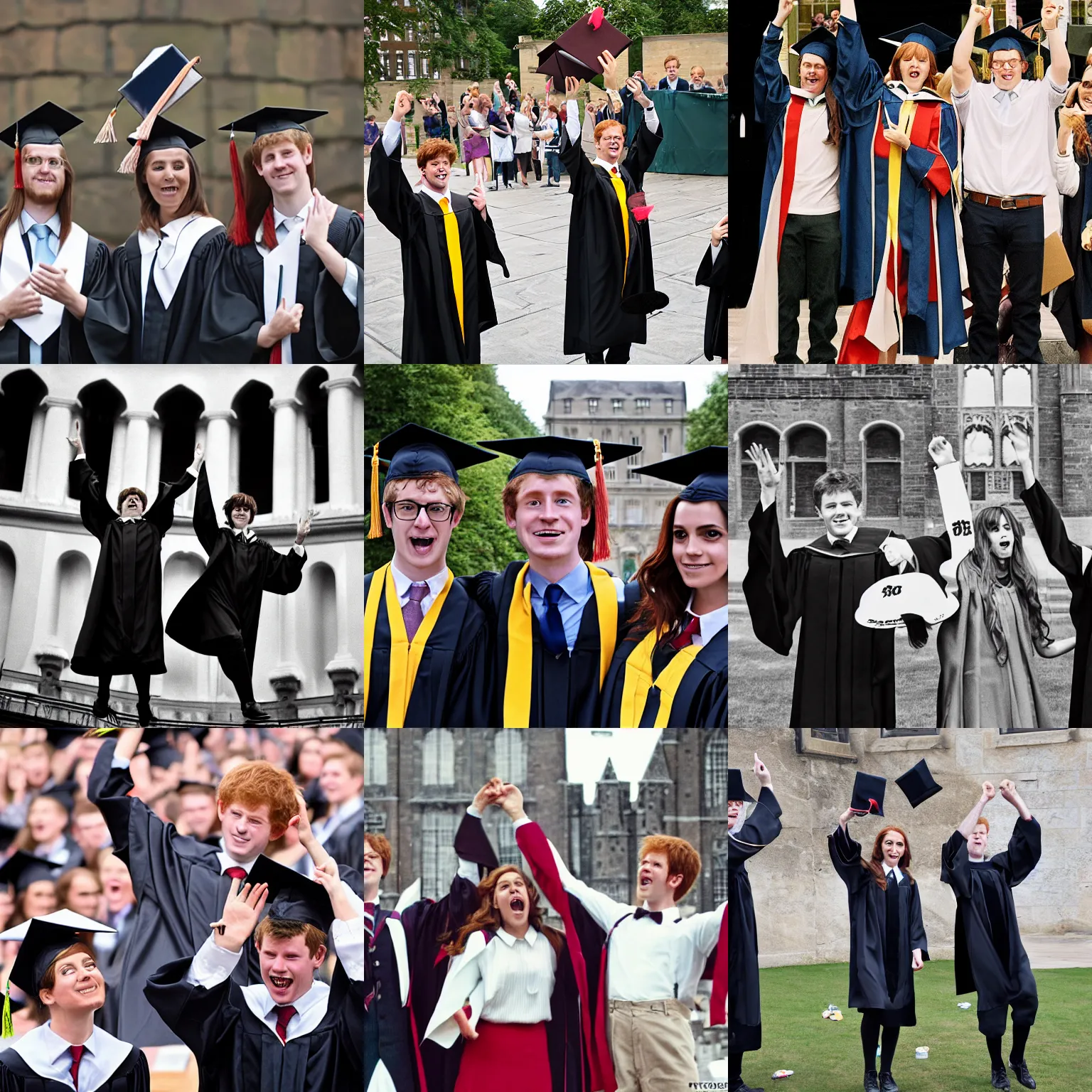 Prompt: Harry, Ron and Hermione graduate university, as they throw their caps in the air, photography