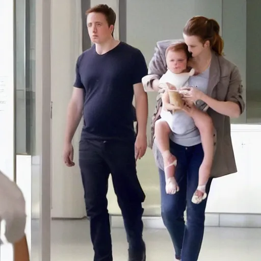 Prompt: pregnant emma watson at the hospital holding a baby with Elon musk with white clothes standing next to her and holding her hand 8k