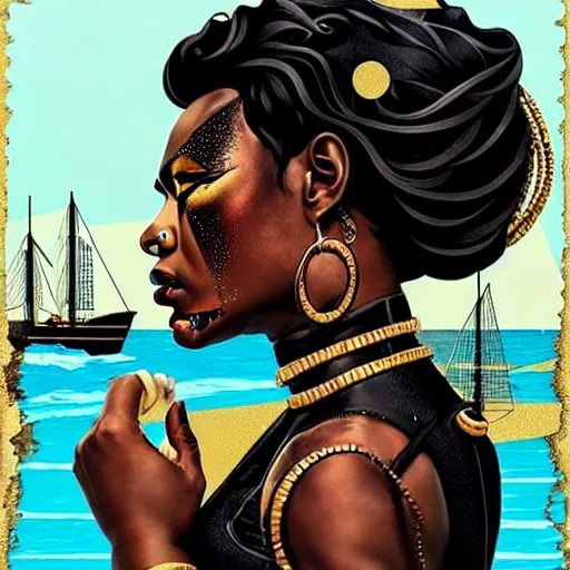 Prompt: side profile of a black woman :: in ocean :: clockwork details :: gold :: blood and horror :: by vikings and Sandra Chevrier