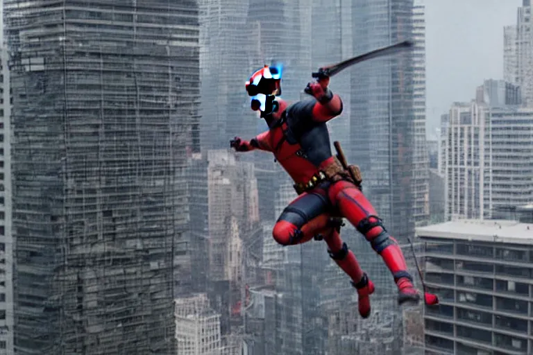 Image similar to Deadpool leaps off helicopter and smashes through high rise window by Emmanuel Lubezki