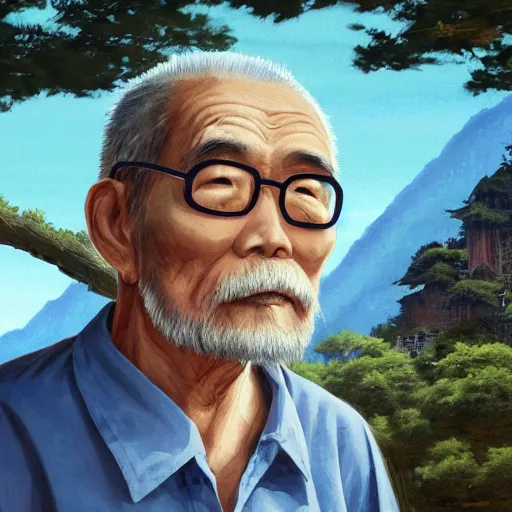Prompt: Chinese old Man in his 80s, dark blond and salt-and-pepper hair with a short beard, thick dark glasses, blue eyes, big nose, wearing stripe shirt, jean and multicolor shoes, digital painting, 4k, anime key visual, rays of light, artstation, kuvshinov ilya, landscape by Noah Bradley