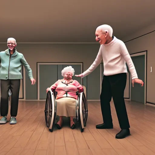 Image similar to photography of old people raving in retirement home by Alexis Dibiasio Rendered in VRAY.