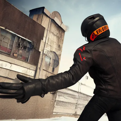 prompthunt: Man wearing dark racing helmet with cracked visor, red hockey  pads, snowboots, leather jacket, black leather gloves, firing a comically  large minigun, in destroyed, abandoned, vibrant, suburban neighborhood.  high quality, unreal