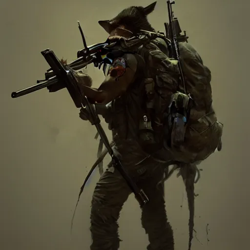 Image similar to demonic hunter with rifle, a wolve skull on his bag, by greg rutkowski, sharp focus, highly detailed, octane render, 4 k