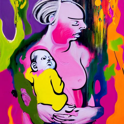 Image similar to woman holding a baby, an ultrafine detailed painting by peter max and francis bacon and fiona rae and hernan bas and anna mond, featured on deviantart, metaphysical painting, biomorphic, mixed media, photorealistic, dripping paint, palette knife texture, masterpiece