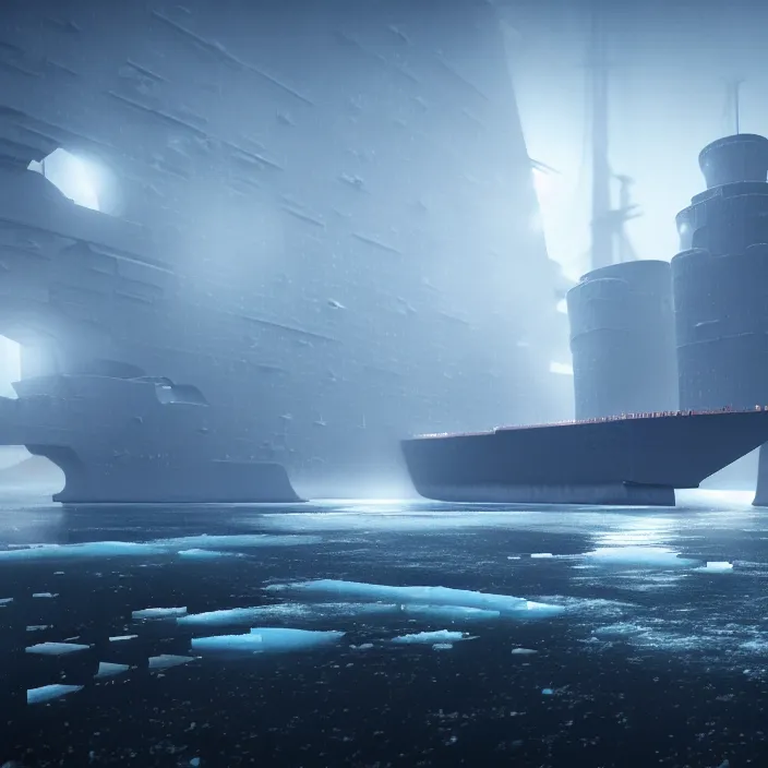 Image similar to a little bird's flight over an enormous gigantic steel ship - shaped fortress - city sailing across an icy cold ocean. masterpiece, cinematic, hyperdetailed, photorealistic, hyperrealism, octane rendering, 8 k, depth of field, bokeh, architecture, shadows